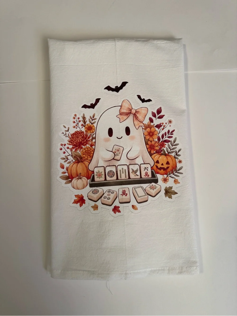 Fall Autumn Halloween Cute Ghost Mahjong kitchen Towel - White & Orange